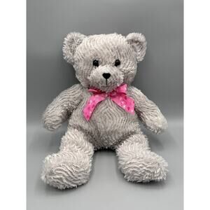 Gray Teddy Bear Plush W/ Pink Ribbon Bow 17” Stuffed Animal Hug & Luv